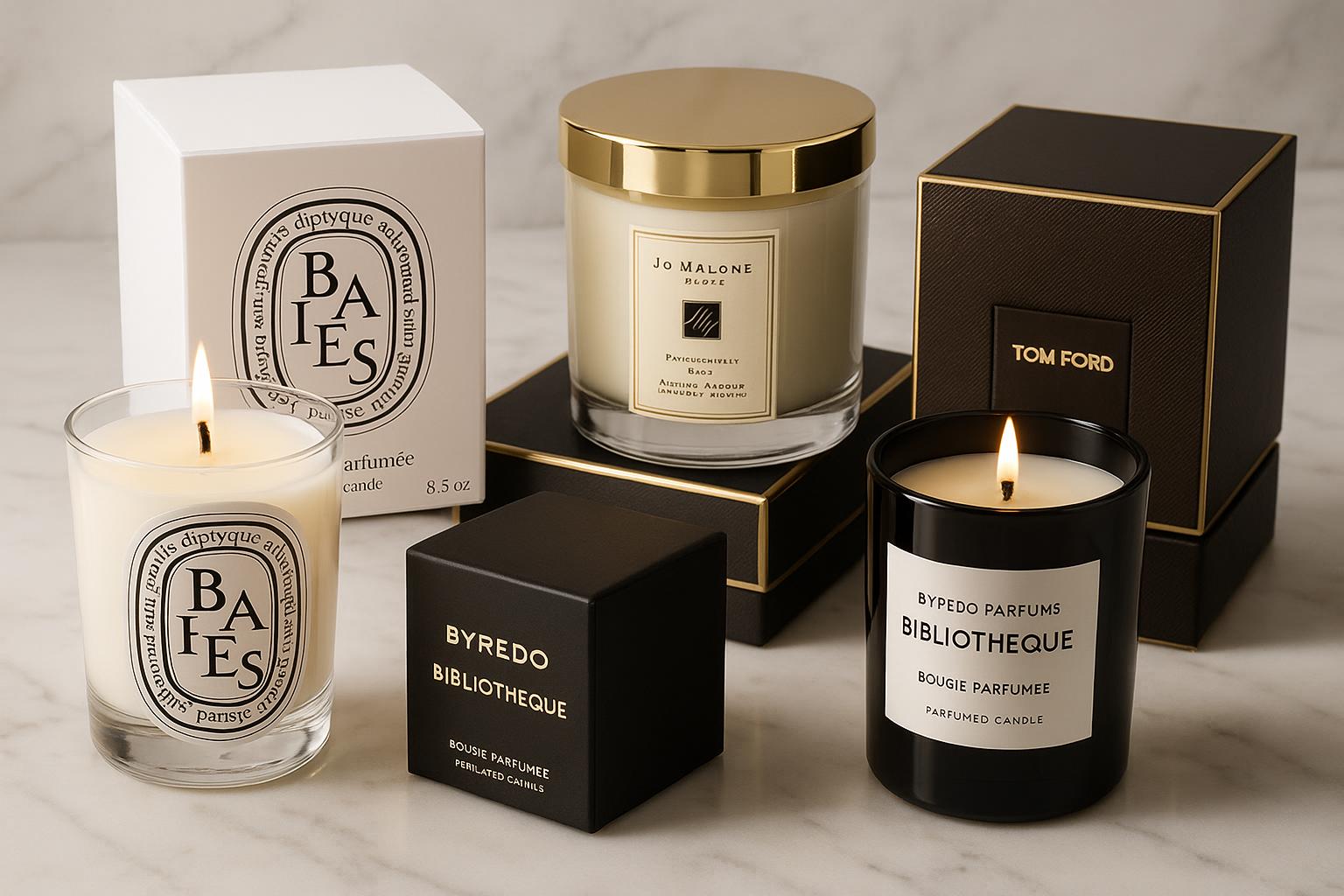 A close-up of a luxury scented candle in a heavy glass jar with a wooden lid, surrounded by soft light.